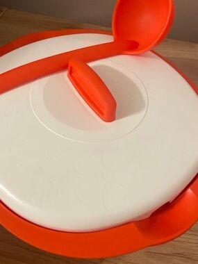 Tupperware Orange and White Microwave Cover with Matching Ladle